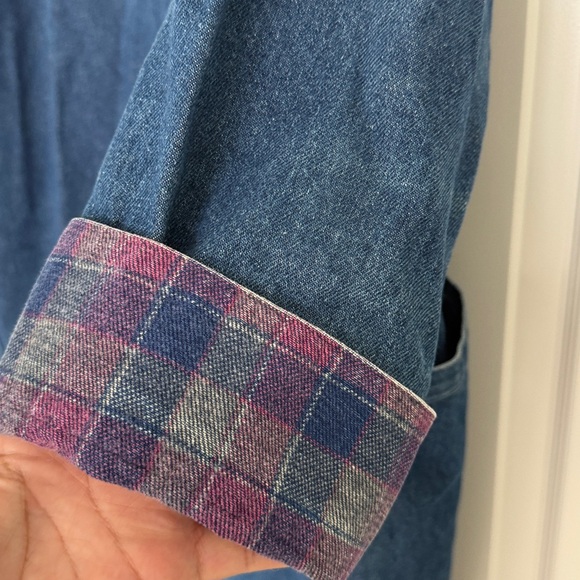 Vintage 80’s Denim Long Duster Blue Pink Plaid Lined Long Coat Sz L Jean Heavy - Picture 13 of 17